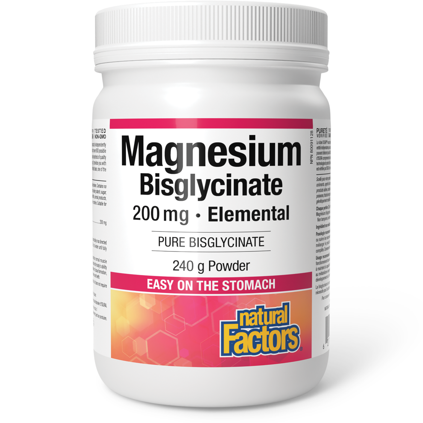 A white plastic bottle of Natural Factors Magnesium Bisglycinate 200 mg Elemental powder, 240 g, on a clean white background.