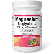 A white plastic bottle of Natural Factors Magnesium Bisglycinate 200 mg Elemental powder, 240 g, on a clean white background.