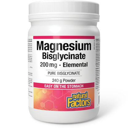 A white plastic bottle of Natural Factors Magnesium Bisglycinate 200 mg Elemental powder, 240 g, on a clean white background.
