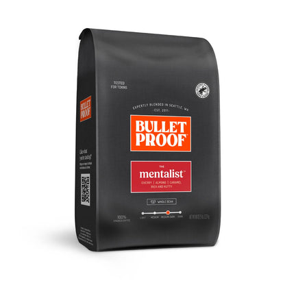Black coffee bag with Bulletproof branding on a white background