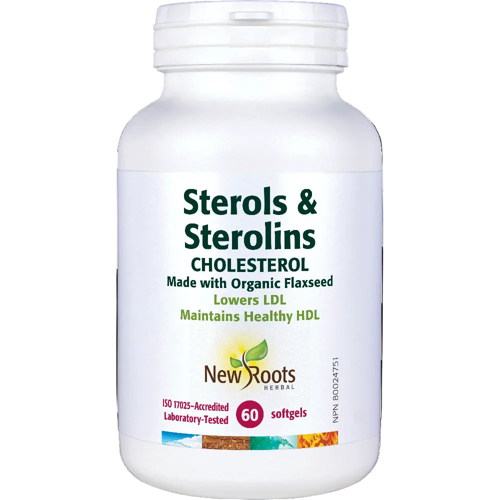 Vitamin supplement bottle labeled 'Sterols & Sterolins' by New Roots on a white background