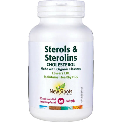 Vitamin supplement bottle labeled 'Sterols & Sterolins' by New Roots on a white background