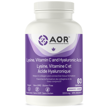 Supplement bottle with purple label featuring AOR on a white background