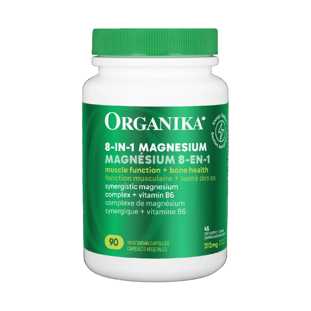 Organika magnesium supplement bottle on a green background