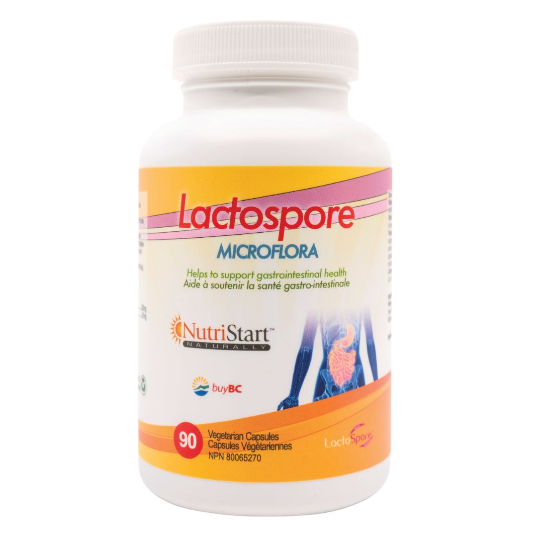 Lactospore Microflora supplement bottle with NutriStart branding on a white background