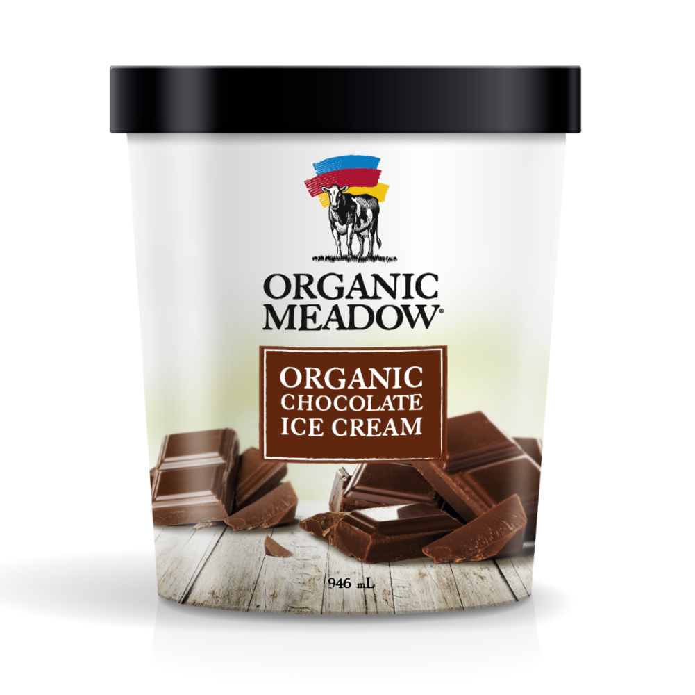 A 946 mL tub of Organic Meadow Organic Chocolate Ice Cream with a black lid and white label, featuring a cow logo and chocolate pieces on a light background.