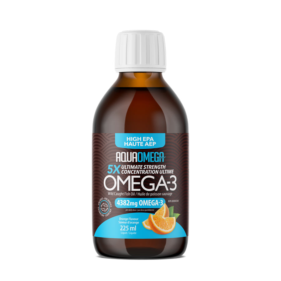 Bottle of AquaOmega Omega-3 supplement on a white background