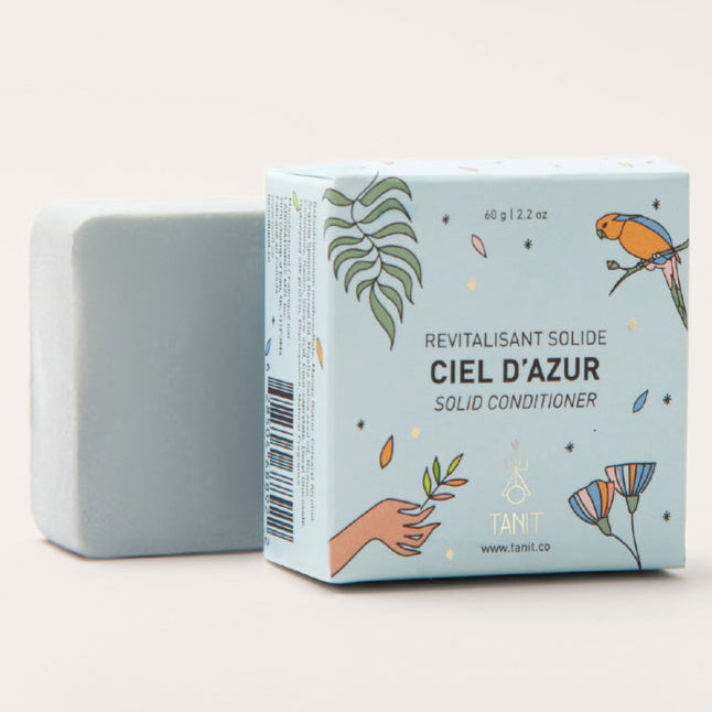 Bar of soap next to its packaging labeled 'Ciel d'Azur' on a light background