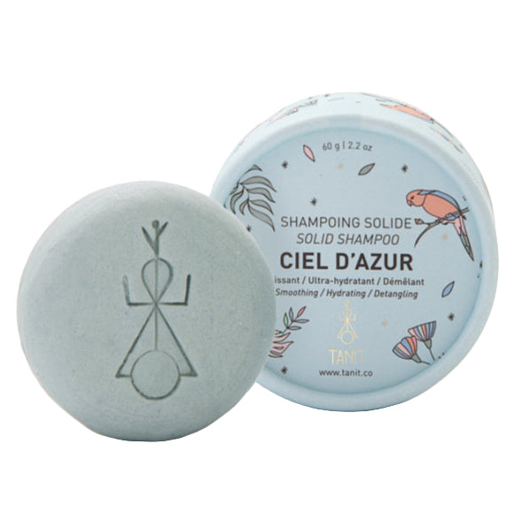 Solid shampoo bar and container labeled 'Ciel d'Azur' on a light background