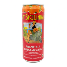Red can of 'A Siciliana' Aranciata Rossa di Sicilia with vintage-style illustration on a white background