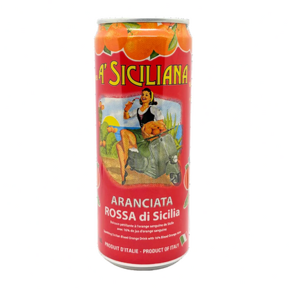 Red can of 'A Siciliana' Aranciata Rossa di Sicilia with vintage-style illustration on a white background