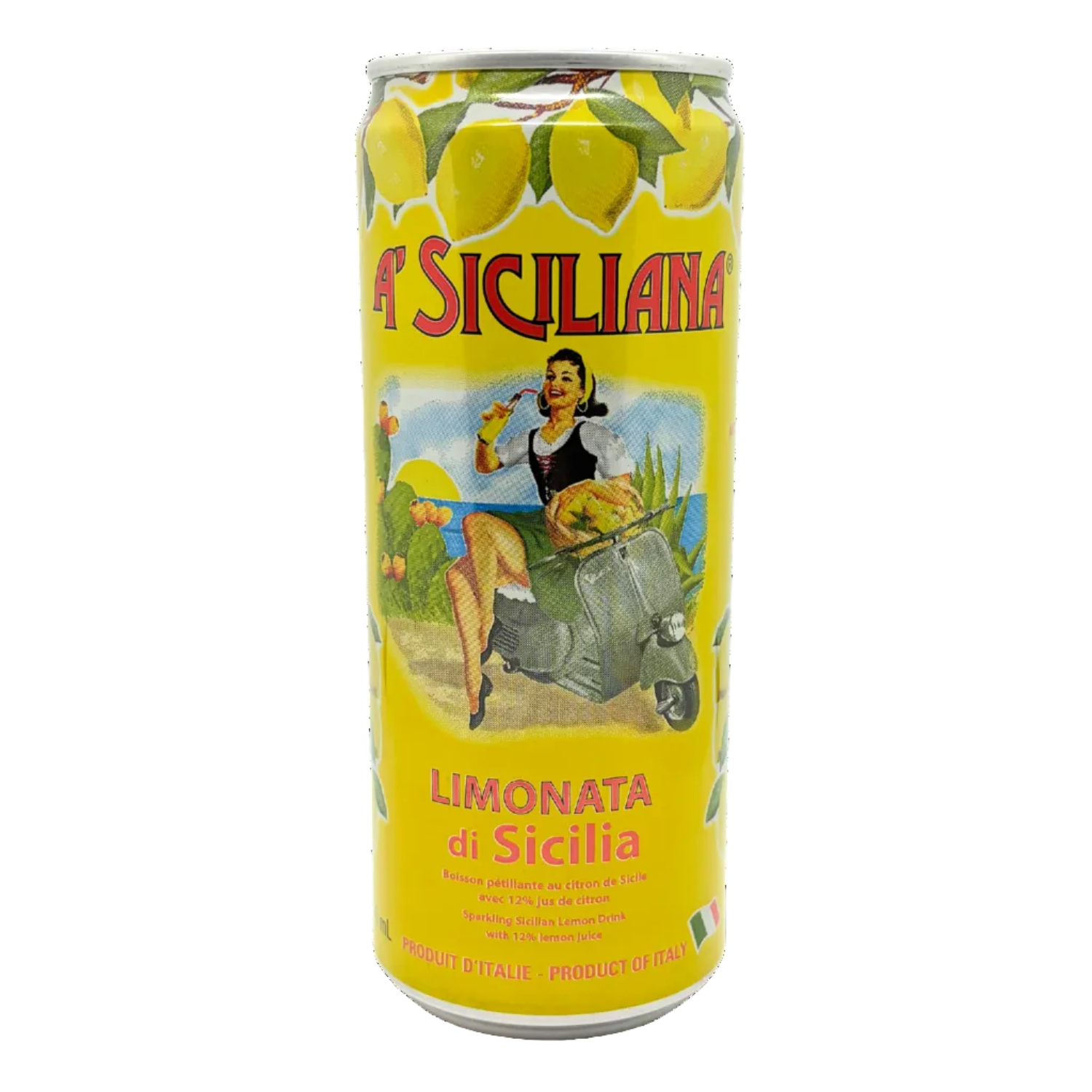 Sicilian lemonade can with vintage-style design on a white background