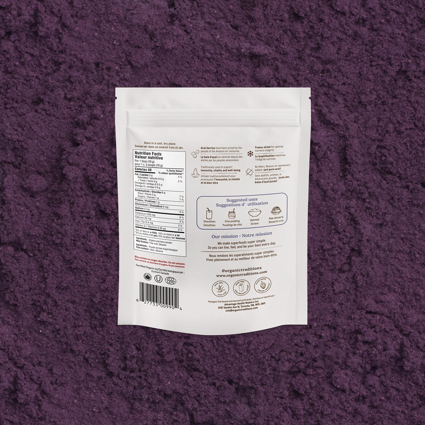 White package with text and icons on a purple textured background