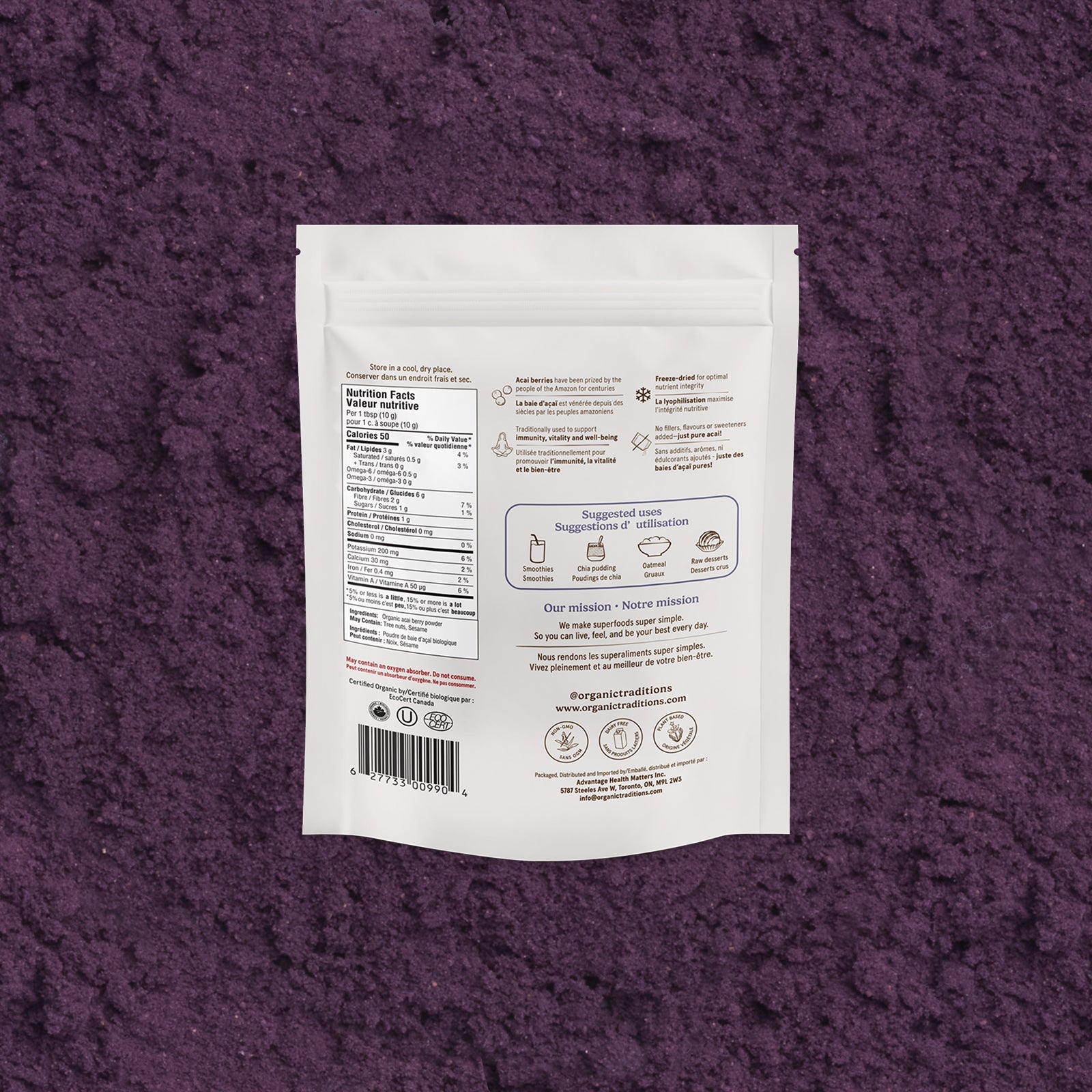 White package with text and icons on a purple textured background