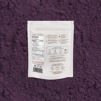 White package with text and icons on a purple textured background