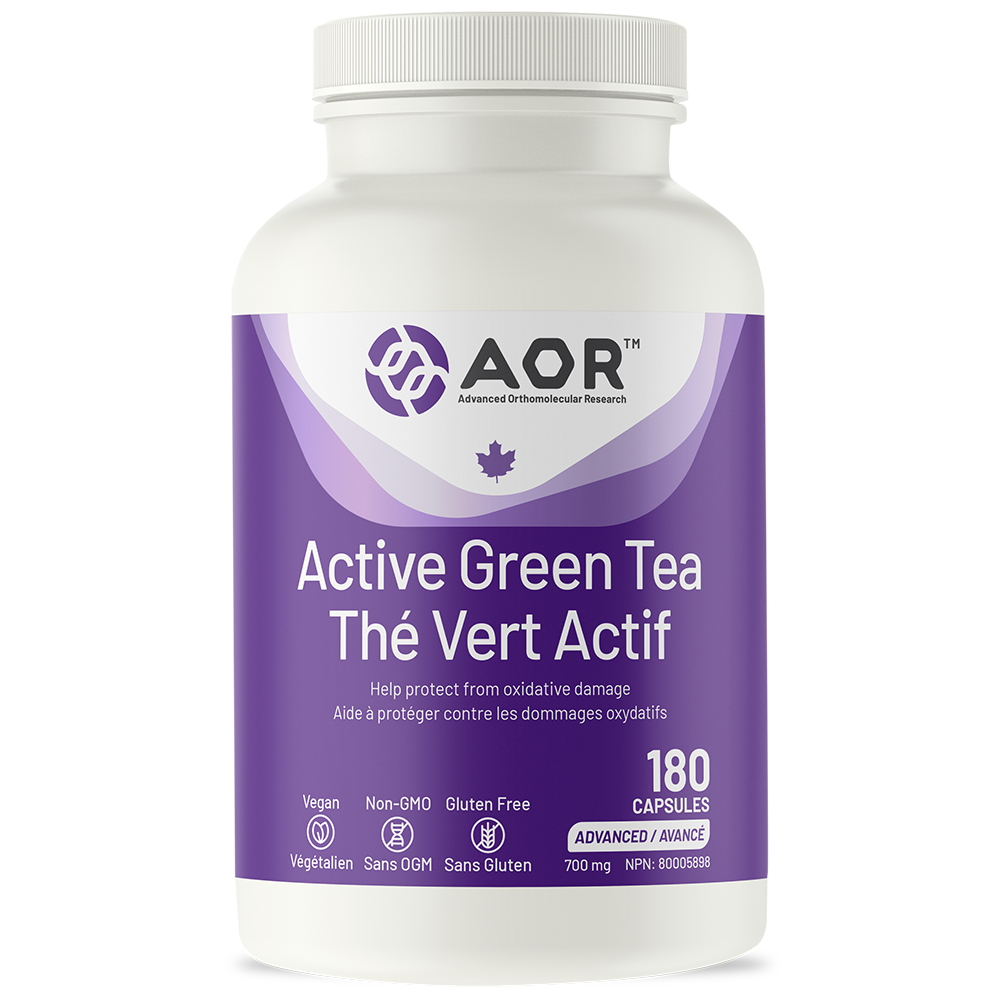 White supplement bottle with purple label featuring AOR logo and 'Active Green Tea' text on a white background.