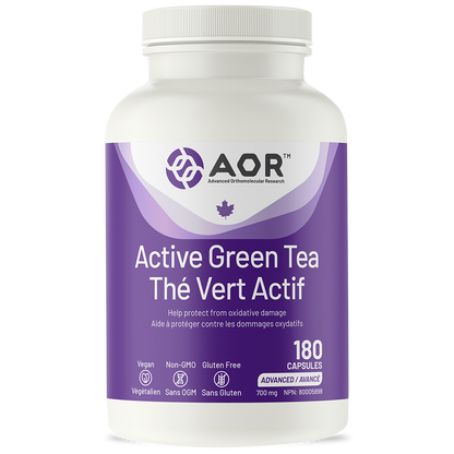 White supplement bottle with purple label featuring AOR logo and 'Active Green Tea' text on a white background.