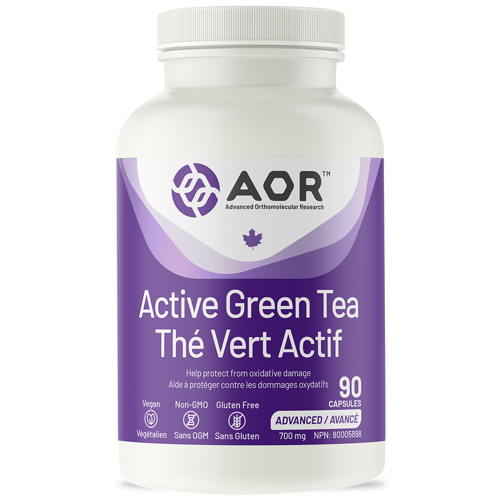 Bottle of AOR Active Green Tea capsules on a white background
