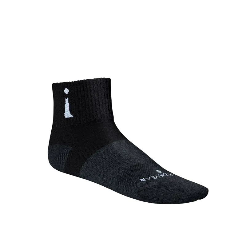 Black sock with a brand logo on a light gray background