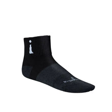 Black sock with a brand logo on a light gray background