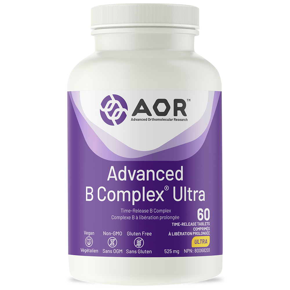 Supplement bottle labeled 'AOR Advanced B Complex Ultra' on a white background