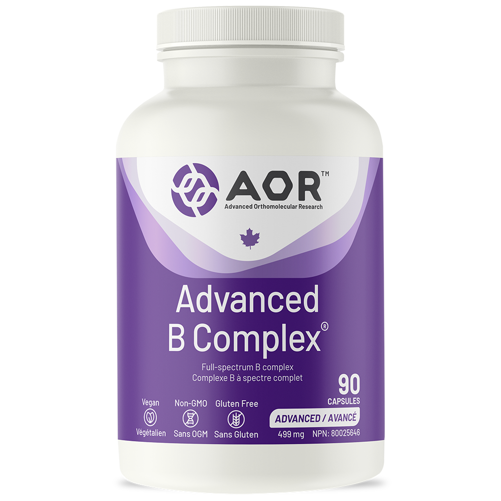 Bottle of AOR Advanced B Complex supplement on a white background