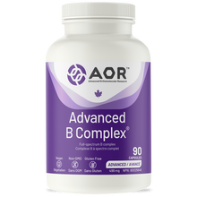 Bottle of AOR Advanced B Complex supplement on a white background