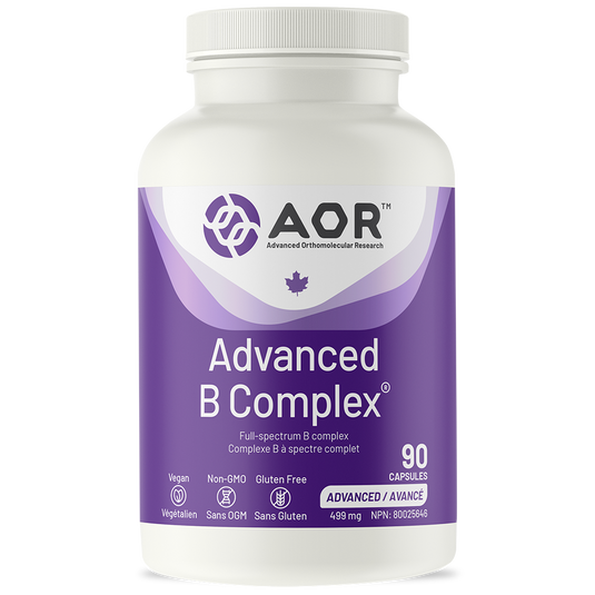 Bottle of AOR Advanced B Complex supplement on a white background