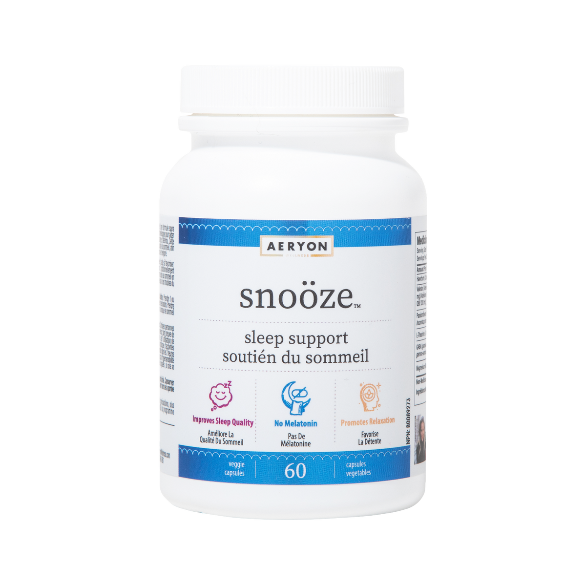 Aeryon snooze sleep support supplement bottle on a white background