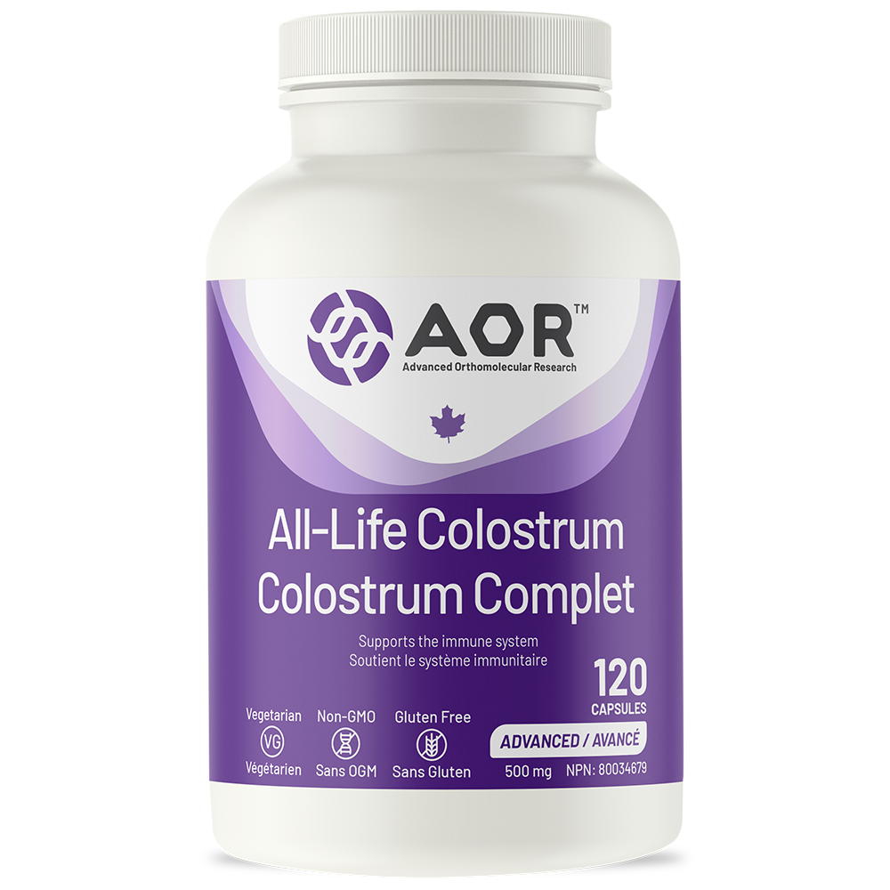 Bottle of AOR All-Life Colostrum on a white background