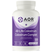Bottle of AOR All-Life Colostrum on a white background