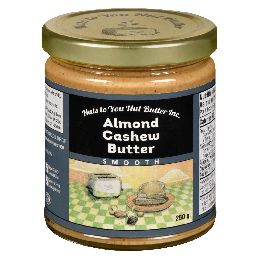 Jar of Nuts to You Nut Butter Inc. Almond Cashew Butter on a white background