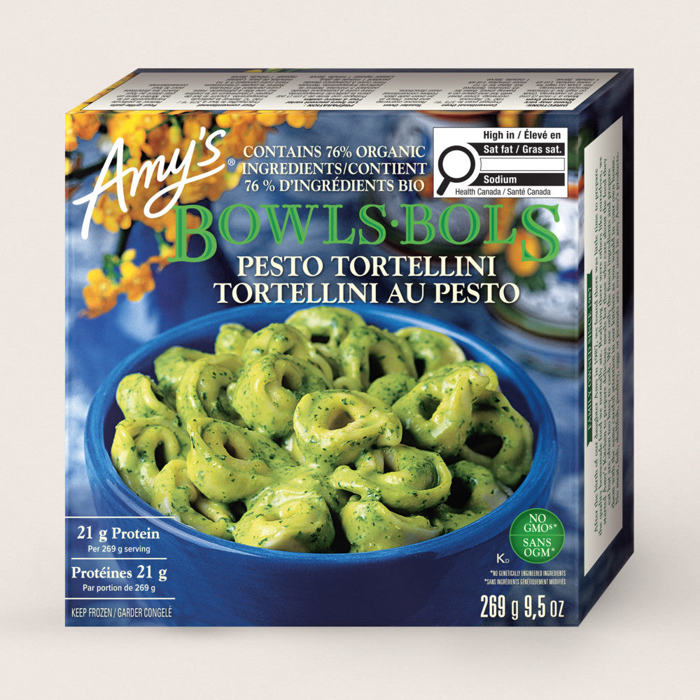 Amy's Bowls Pesto Tortellini frozen meal packaging, featuring a blue box with a photo of the green pasta dish.