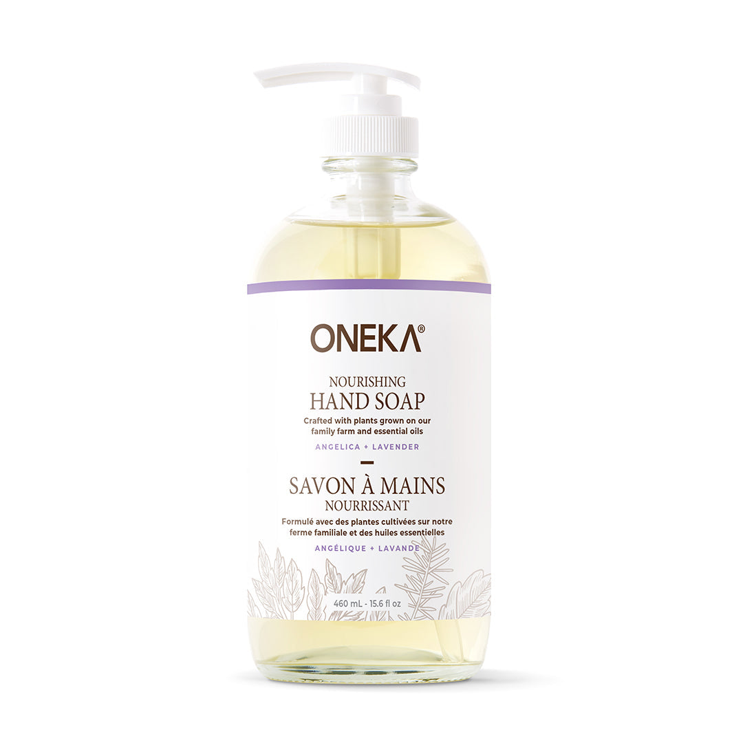 Oneka nourishing hand soap bottle on a white background
