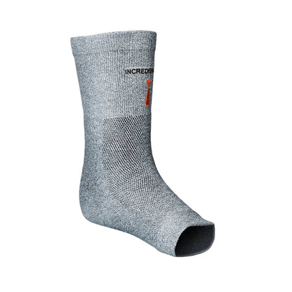 Gray sock with a brand logo on a light gray background