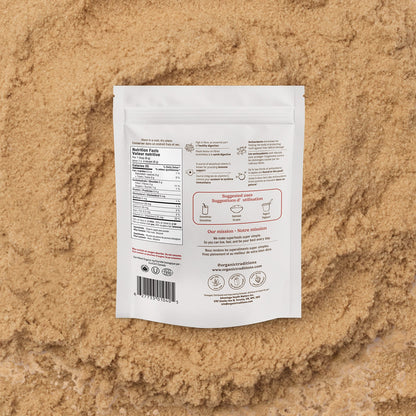 White package with nutritional information on a beige textured background