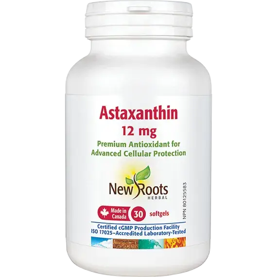 White supplement bottle labeled 'Astaxanthin 12 mg' by New Roots on a white background