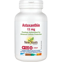 White supplement bottle labeled 'Astaxanthin 12 mg' by New Roots on a white background