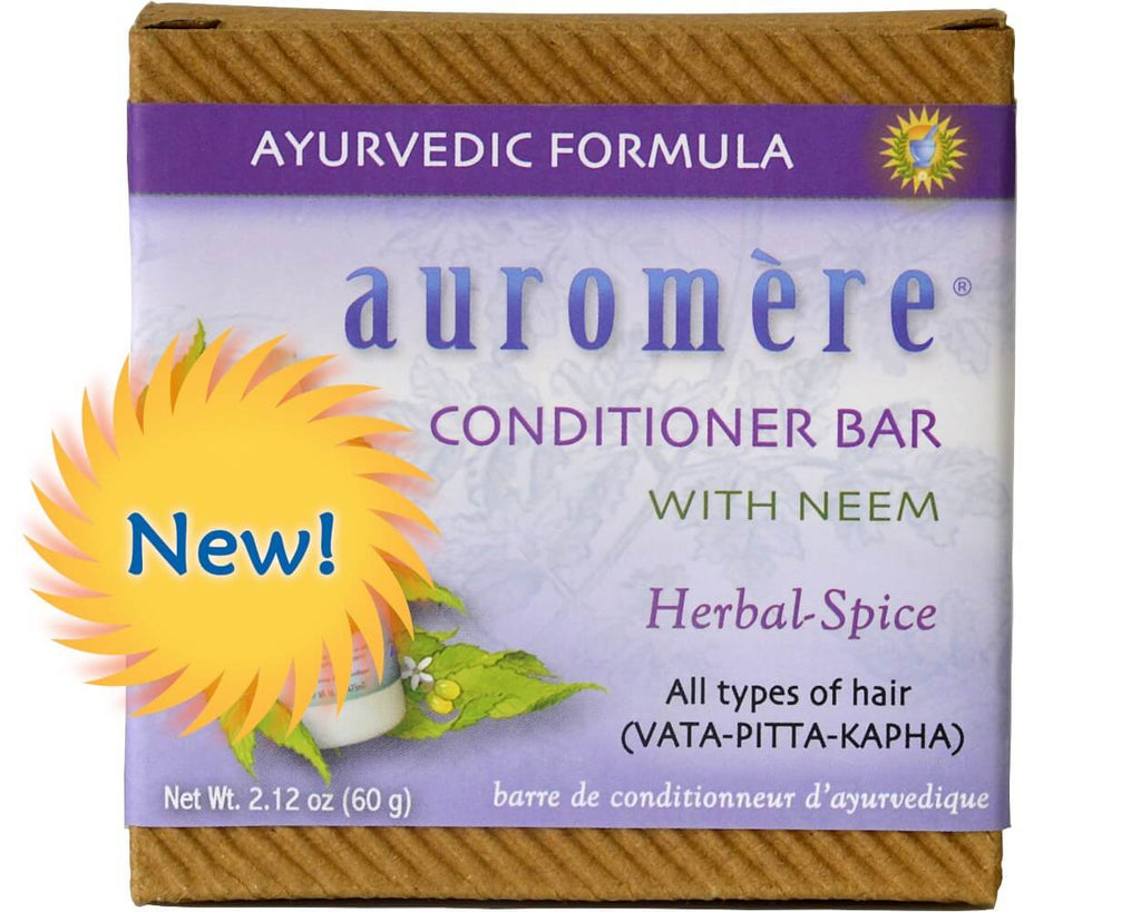 Auromère Ayurvedic Formula conditioner bar with neem packaging on a white background