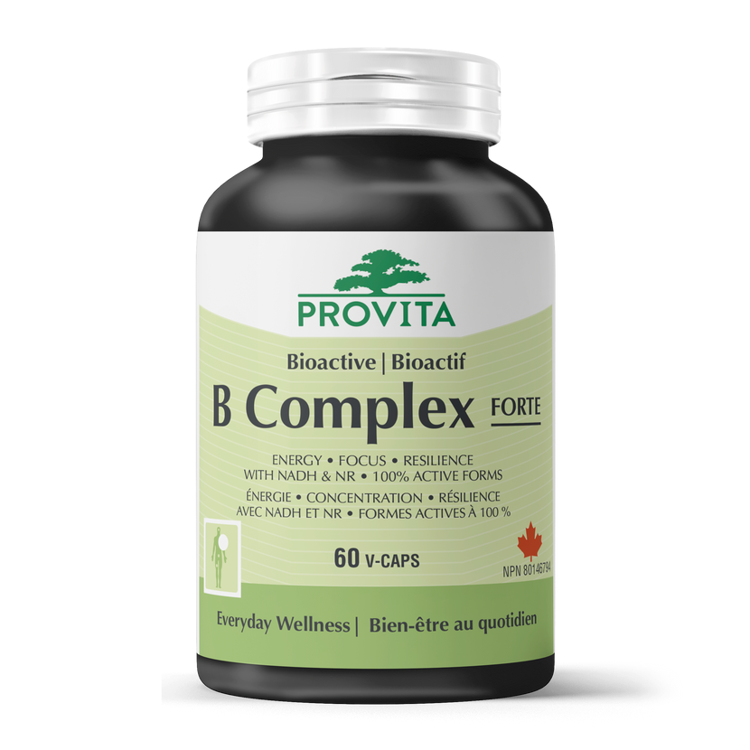 Bottle of Provita B Complex Forte supplement on a white background