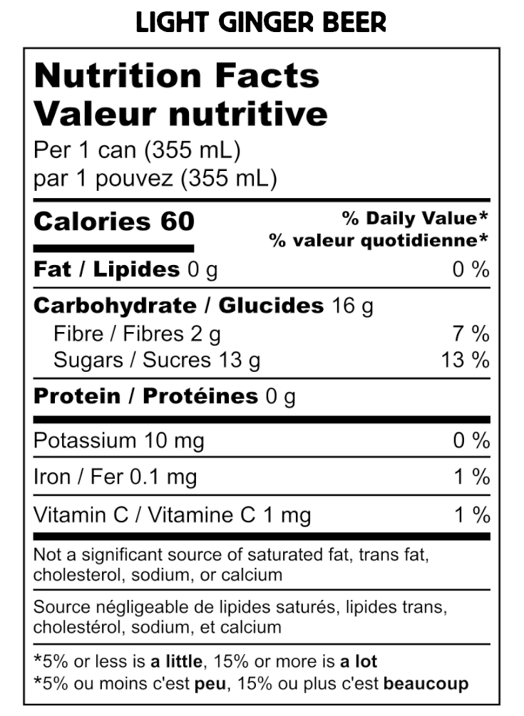 Nutrition facts label for light ginger beer can
