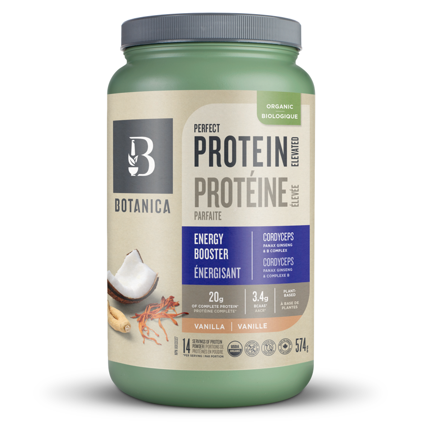 Protein powder container with Botanica branding on a white background