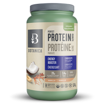 Protein powder container with Botanica branding on a white background