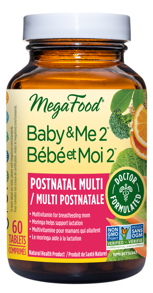MegaFood Baby & Me 2 postnatal multi vitamin bottle on a white background