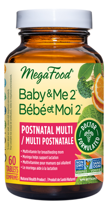 MegaFood Baby & Me 2 postnatal multi vitamin bottle on a white background