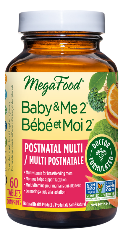 MegaFood Baby & Me 2 postnatal multi vitamin bottle on a white background