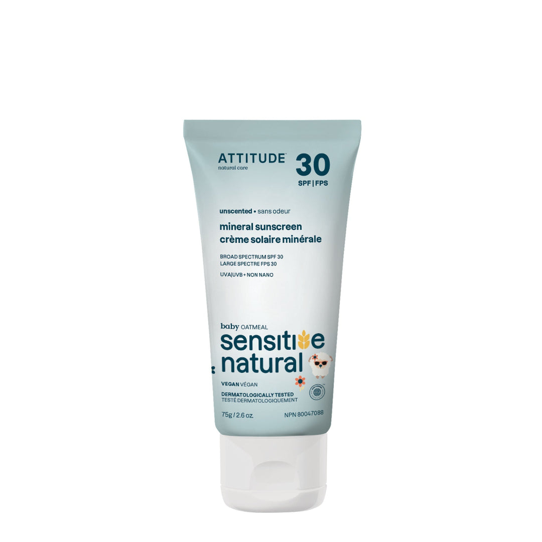 Tube of Attitude mineral sunscreen for babies on a white background