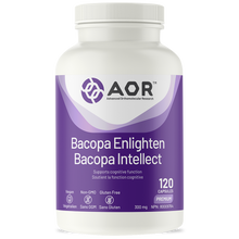Supplement bottle labeled 'Bacopa Enlighten Bacopa Intellect' by AOR on a white background