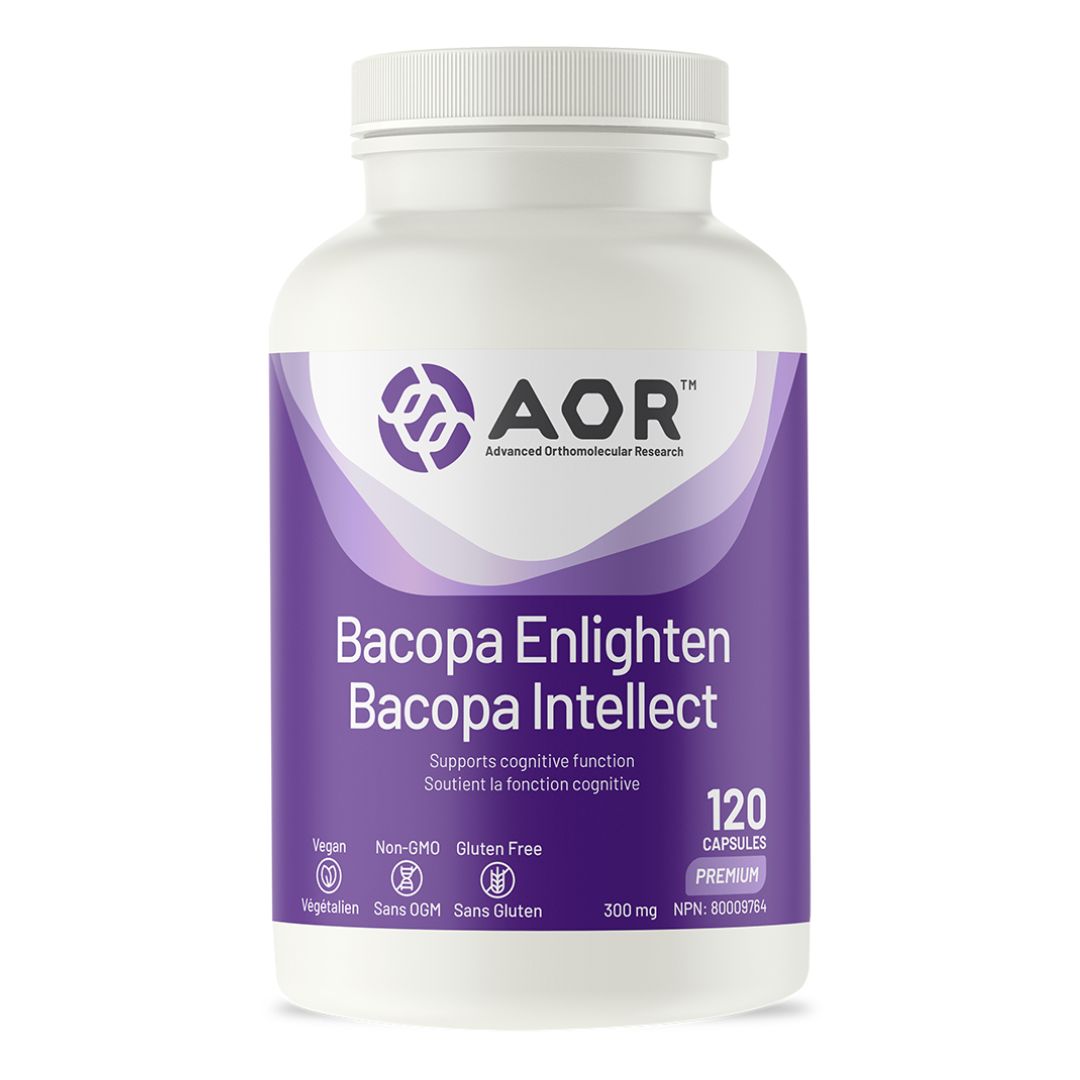 Bottle of AOR Bacopa Enlighten Bacopa Intellect supplement on a white background