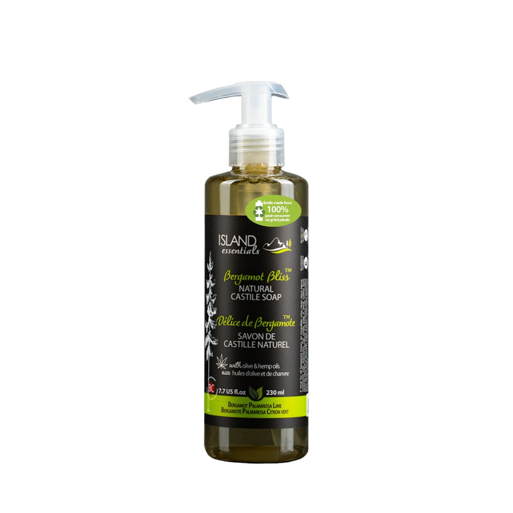 Bottle of Island Essentials Perjumet Bliss Natural Castile Soap on a white background